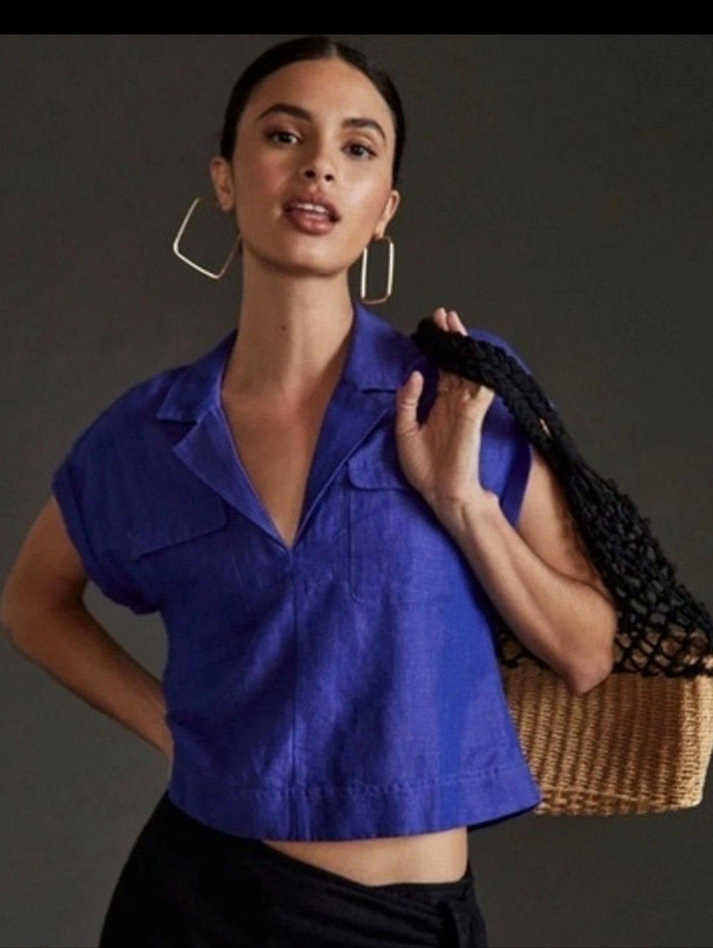 ANTHROPOLOGIE Linen Blend Crop Utility Pocket Collared Boho Top Size M - Picture 3 of 12